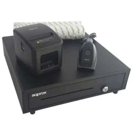 Approx Pack POS APPPOSPACK4180LAN-2D con Cajón Portamonedas, Impresora Térmica 80mm USB/LAN, Lector Códigos Barras 2D y 8 Rollos Papel sin Bisfenol Approx Pack POS APPPOSPACK4180LAN-2D con Cajón Portamonedas, Impresora Térmica 80mm USB/LAN, Lector Códigos Barras 2D y 8 Rollos Papel sin Bisfenol